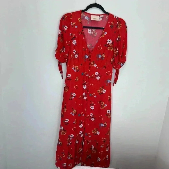 ANTHROPOLOGIE /Maeve floral V-neck rayon dress/tie sleeves size 0 - Picture 2 of 15